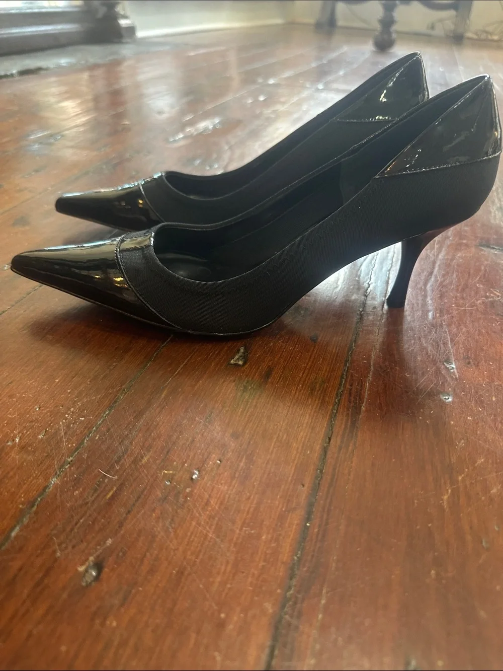 Nine West Black Patent and Fabric Pointed Toe Heels Never Worn